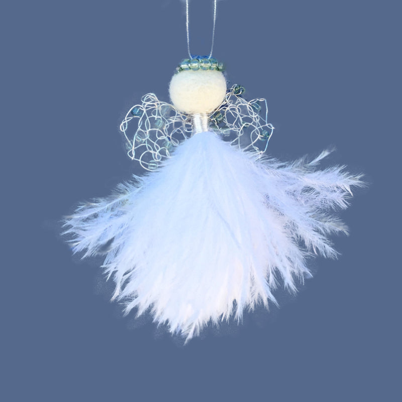delicate angel decoration with a white feather bodice, wire wings with jade green beads and a felted wool head with a jade green beaded halo