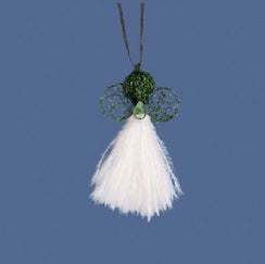Tiny and delicate Karoo Angels Juweel Angel Pendant. Made of crocheted forest green coloured coated copper wire adorned with a small preciosia crystal bead and white ostrich feathers. It hangs off a silk tie matching the colour of the wire.  Size 3.5cm