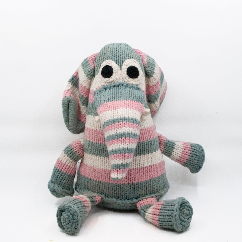 hand knit snuggle elephant stuffie in pink, blue/grey and cream