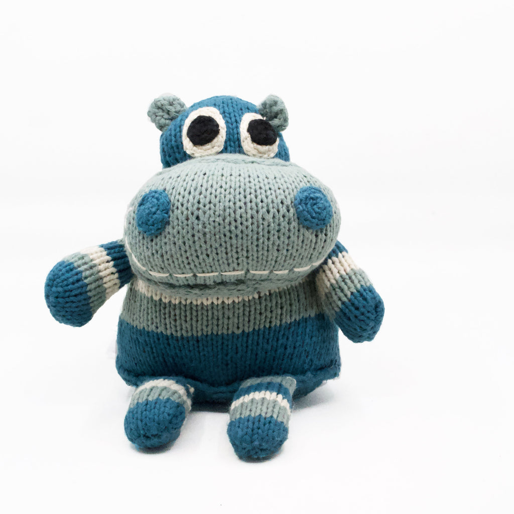 snuggly artisan knit hippo in two tones of blue and white