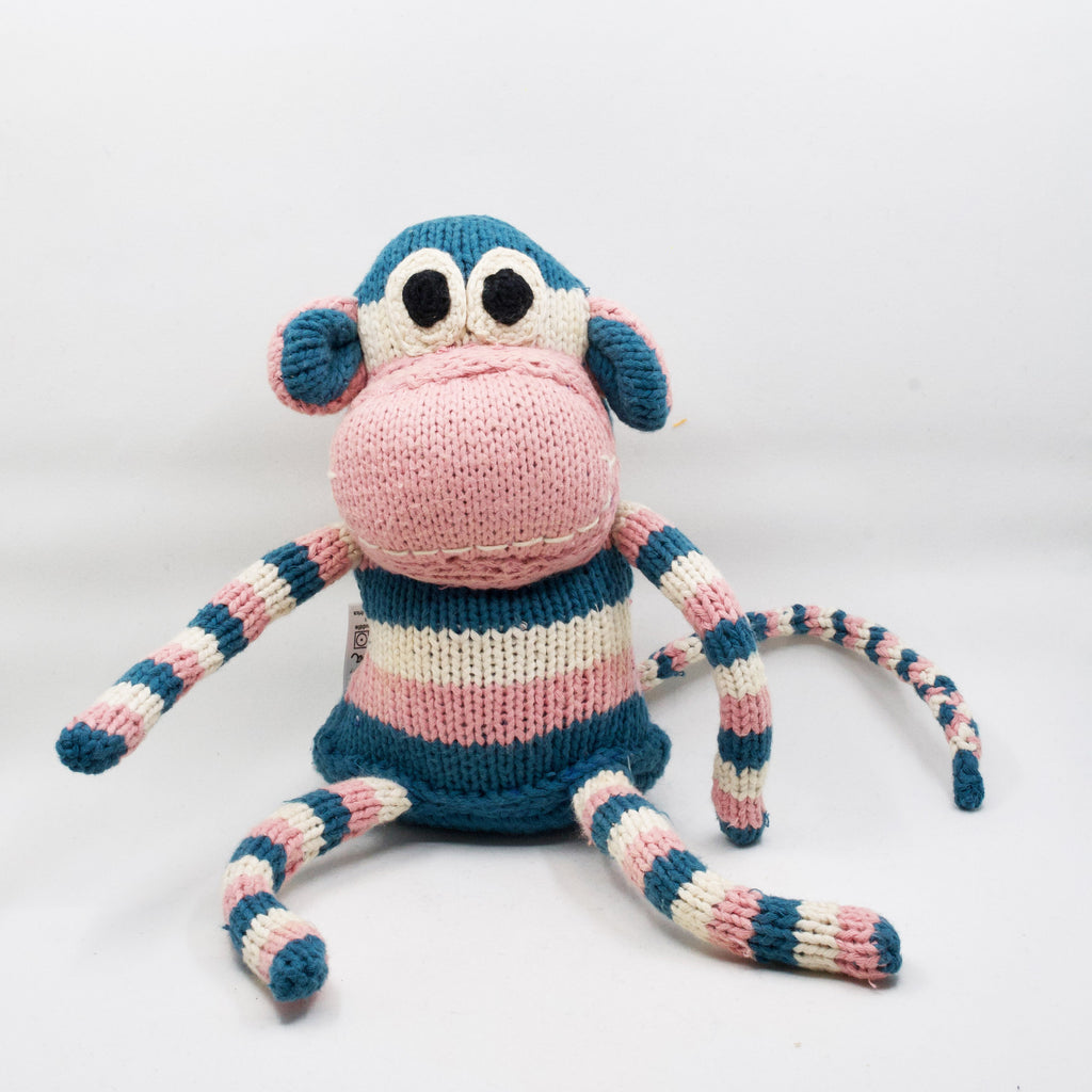 artisan knit snuggle monkey in blue, pink and white stripes