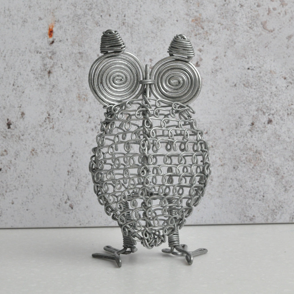 Small galvanized Wire Owl with large eyes. artisan crafted hand twisted wire in raw uncoated wire colour