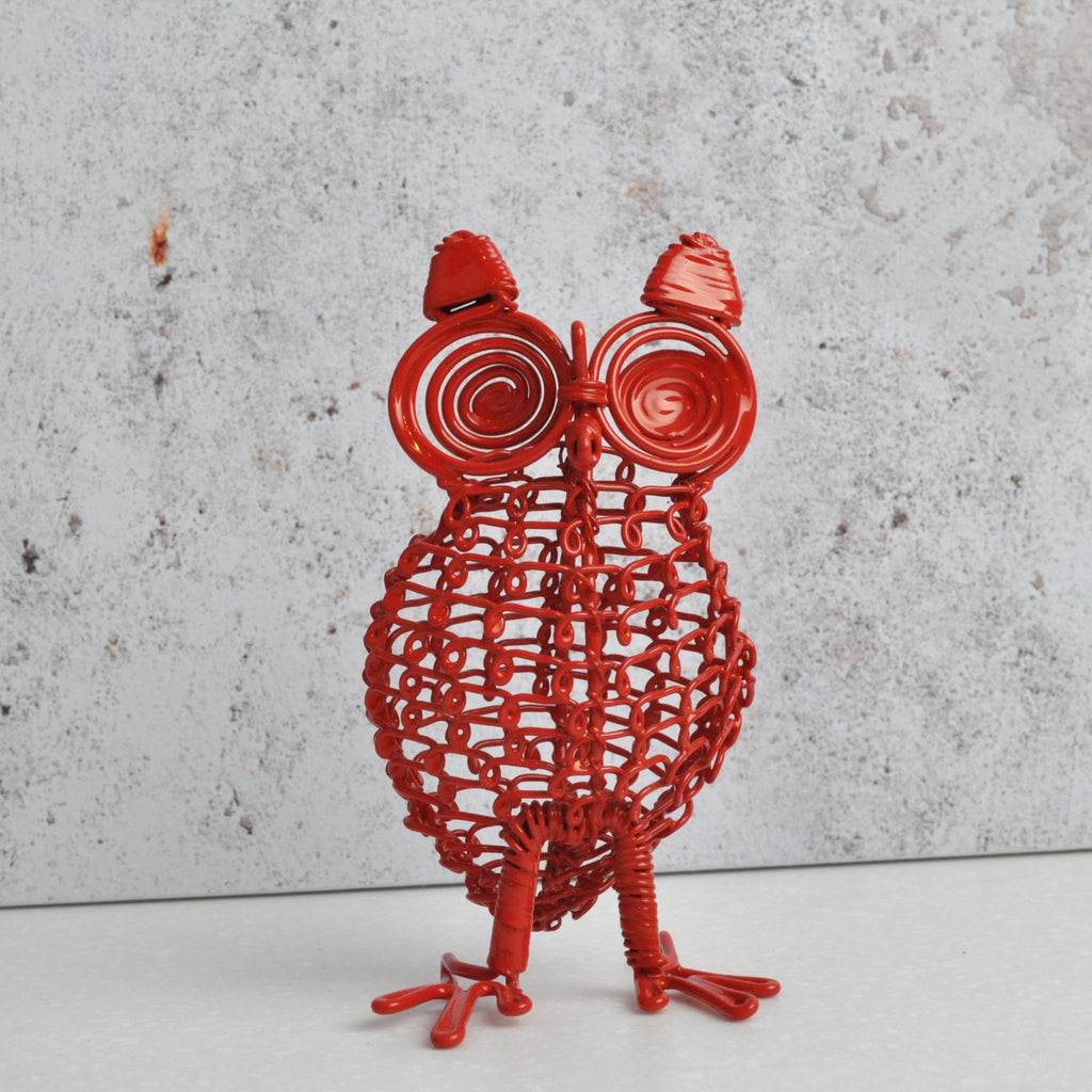 Small galvanized Wire Owl with large eyes. artisan crafted hand  twisted wire in powder coated bright red