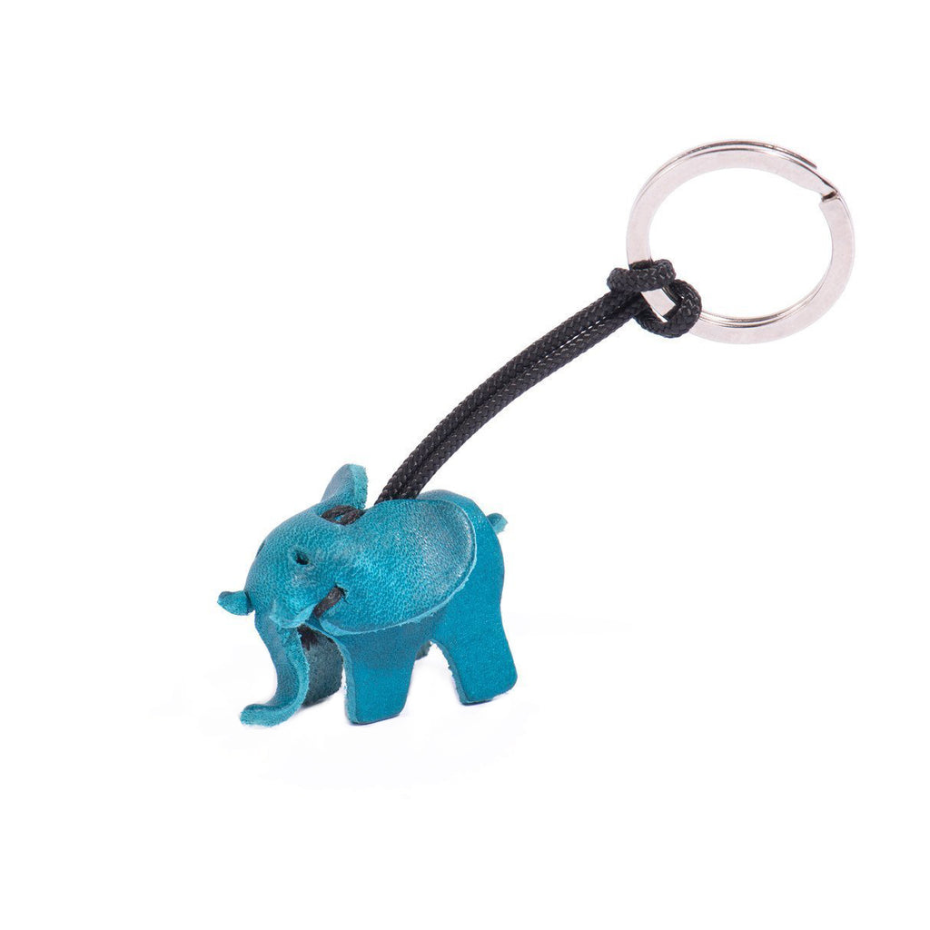 artisan crafted hand stitched baby elephant keychain in turquoise coloured  leather. 